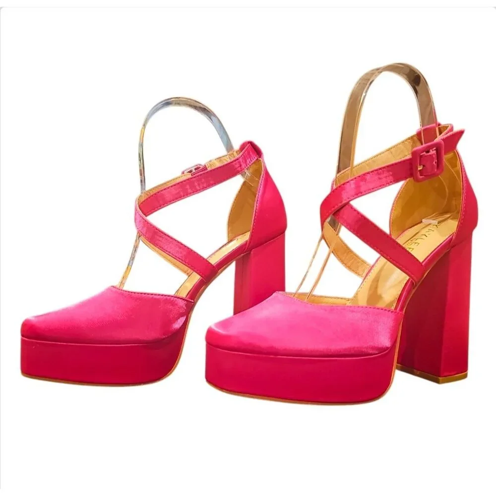 Bright Fuchsia Satin Platform High Heel Ankle Strap Pumps